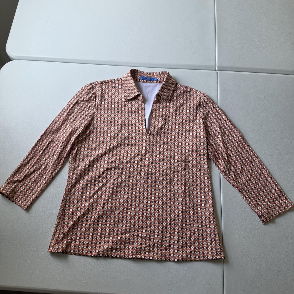 J.McLaughlin Catalina Blouse Womens Medium Beige Geometric Jersey 3/4 Sleeve Top